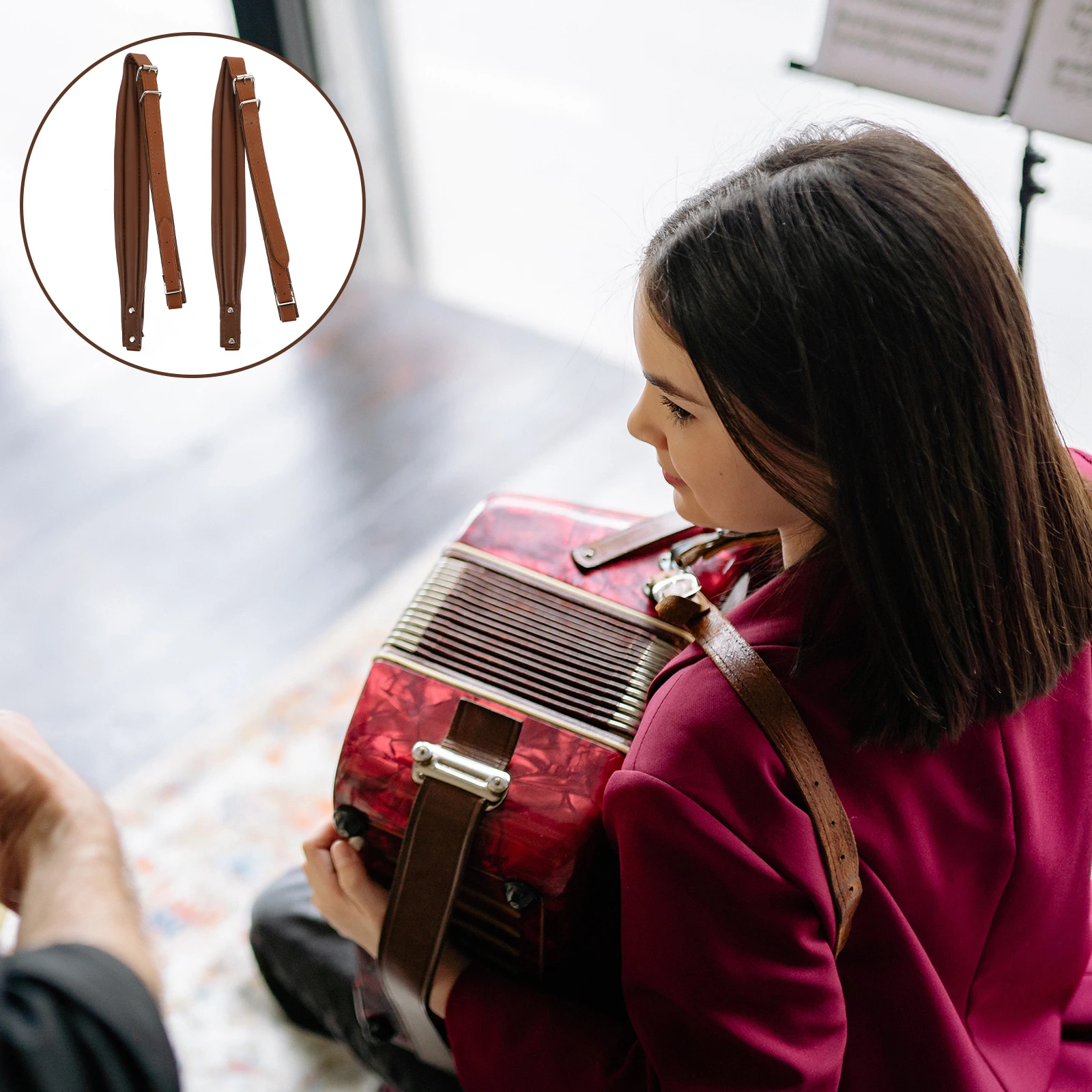 

2Pcs Accordion Shoulder Belt PU Adjustable Strap High Quality Coffee Color Adult Padded Durable Corrosion Resistant