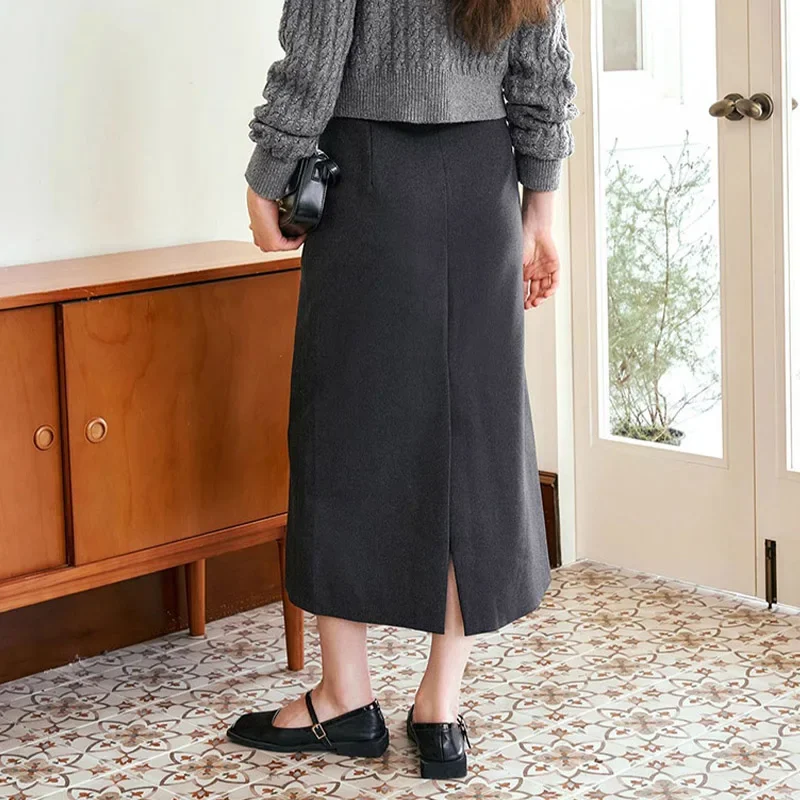 OLrain Office Grey Midi Skirts for Women 2025 Spring Office Lady Slit High Waist Loose Elegant Straight pencil Skirt M56QB88536