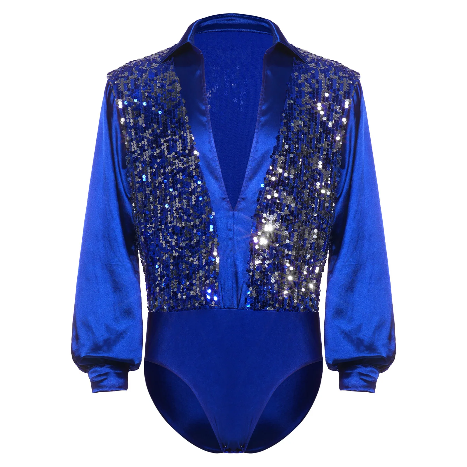 Men Latin Dance Cha-cha Tango Rumba Ballroom Bodysuit Glittery Sequin Satiny Long Sleeve Leotard for Figure Skating Ballet