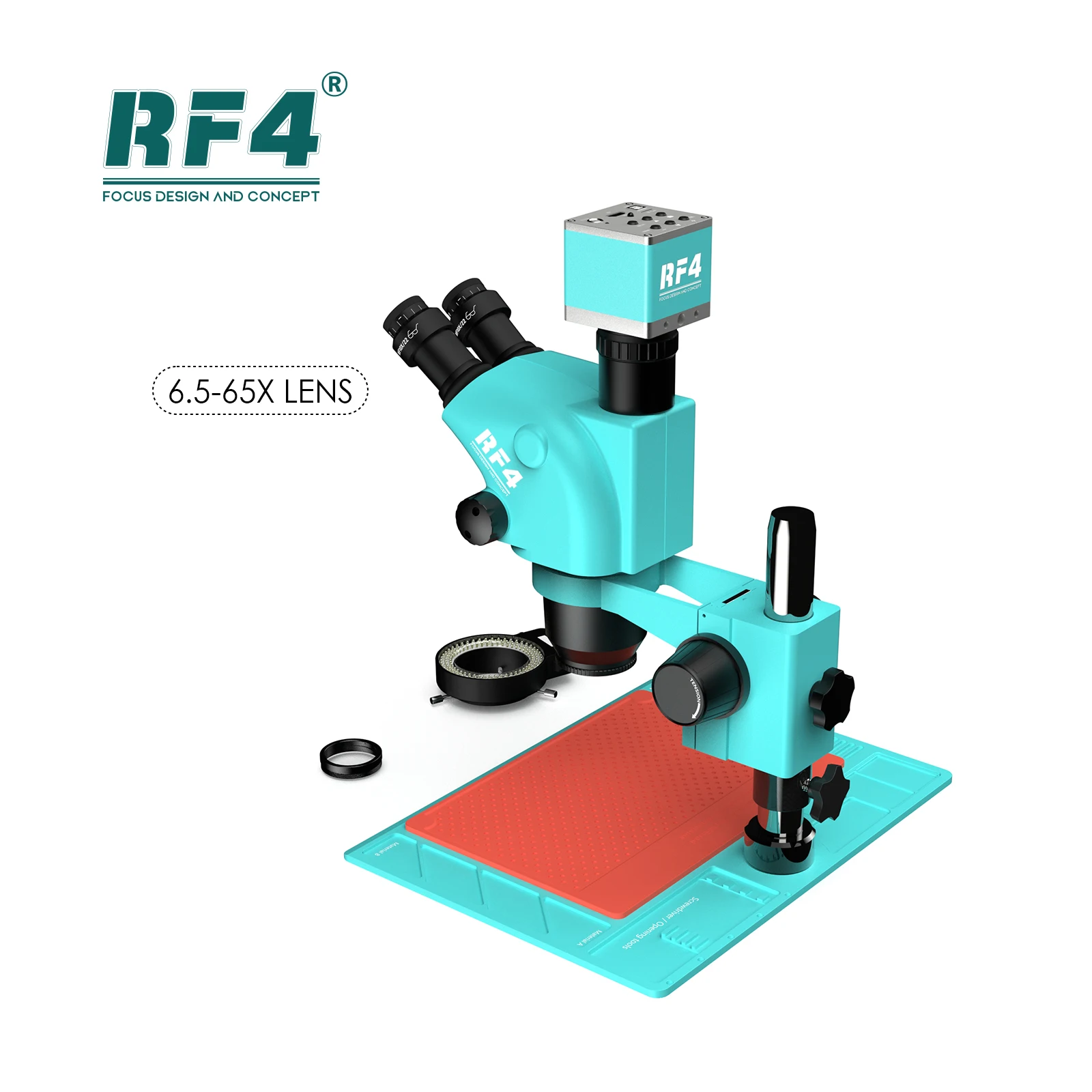 RF4 6,5-65X HDMI USB 4K Cámara Pilar soporte Zoom teléfono soldadura PCB reparación Trinocular microscopio estéreo RF6565-PO4-4KC1