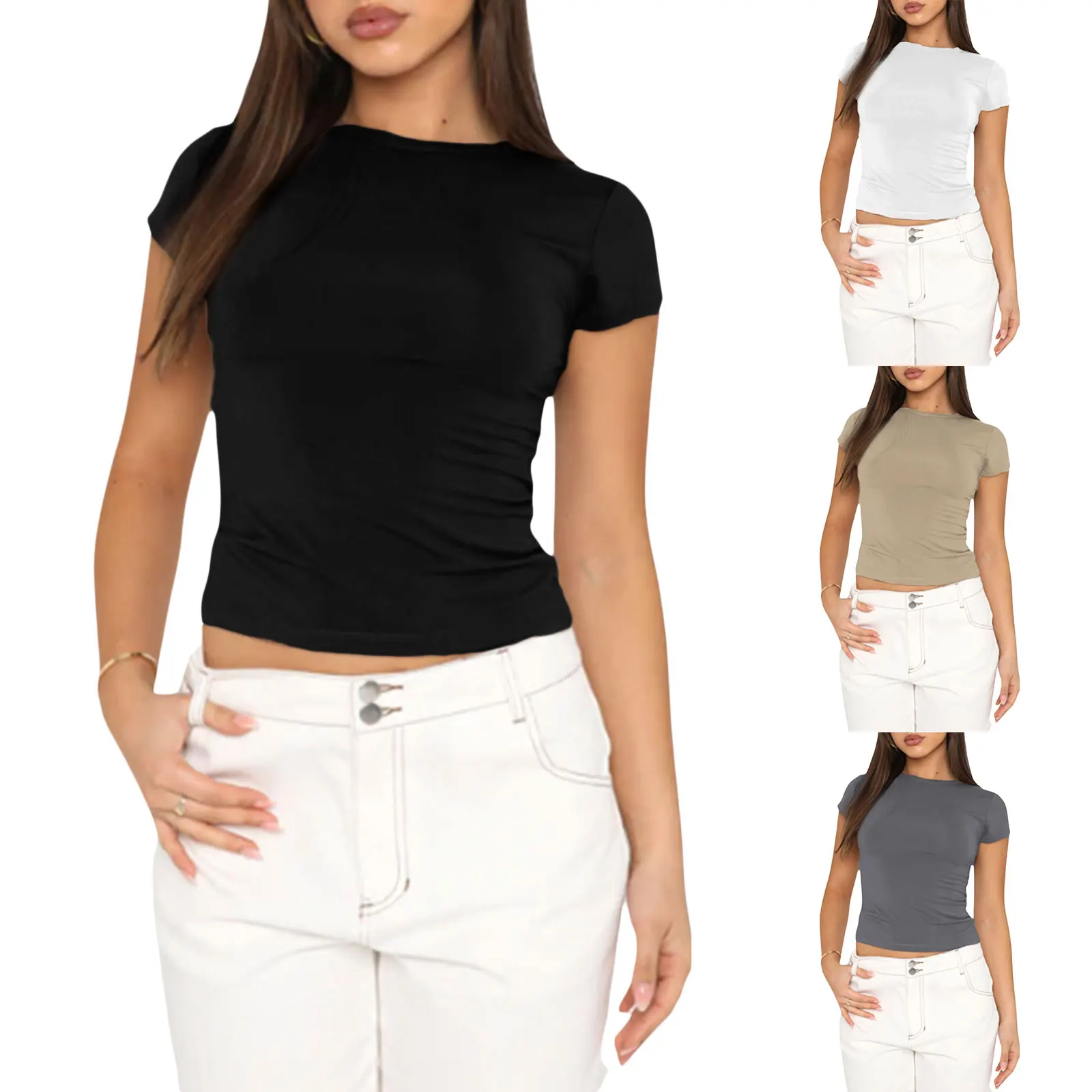 تي شيرت نسائي برقبة دائرية وأكمام طويلة تي شيرت كاجول للربيع والخريف ملابس شارع ضيقة