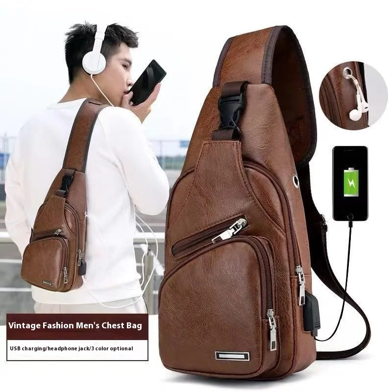 

Male USB Charging Anti-Theft Chest Bag Casual Retro PU Shoulder Bag Men's Outdoor Cycling Sports Crossbody Bag