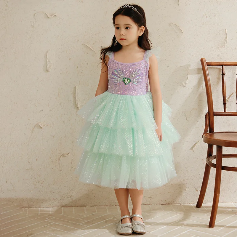 Girl Sling Layered Mermaid Dress Children Summer Stage Performance Outfits Kids Princess Cosplay Frocks 2-8 Yrs New Arrival