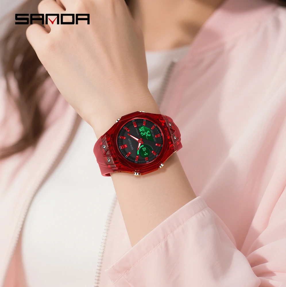 SANDA 6283 ساعات كوارتز إلكترونية عصرية للرجل عرض مزدوج للطلاب ساعة منبه مضيئة مقاومة للصدمات ساعة رقمية رياضية