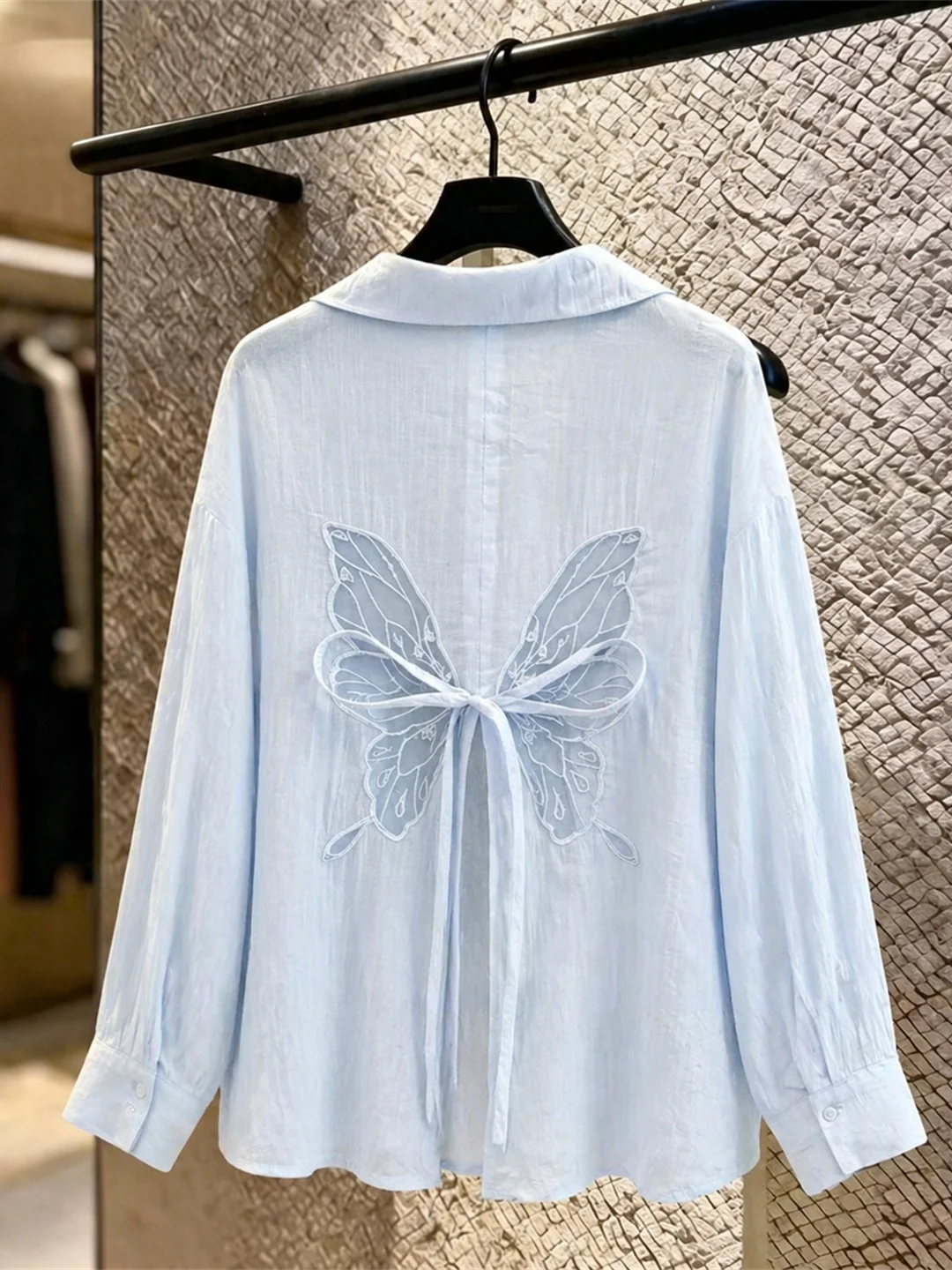 

Summer 2026 Long Sleeve Shirt with Bow Tie Back Split Elegant Commute Top Korean Style Loose Fit Pattern