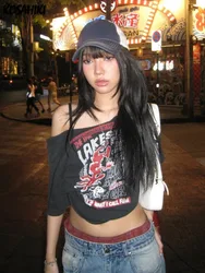 Camiseta gótica con estampado de letras Y2k para mujer, camisetas Punk con hombros descubiertos, ropa de calle Harajuku de verano, camiseta Grunge, Tops cortos Sexy estéticos