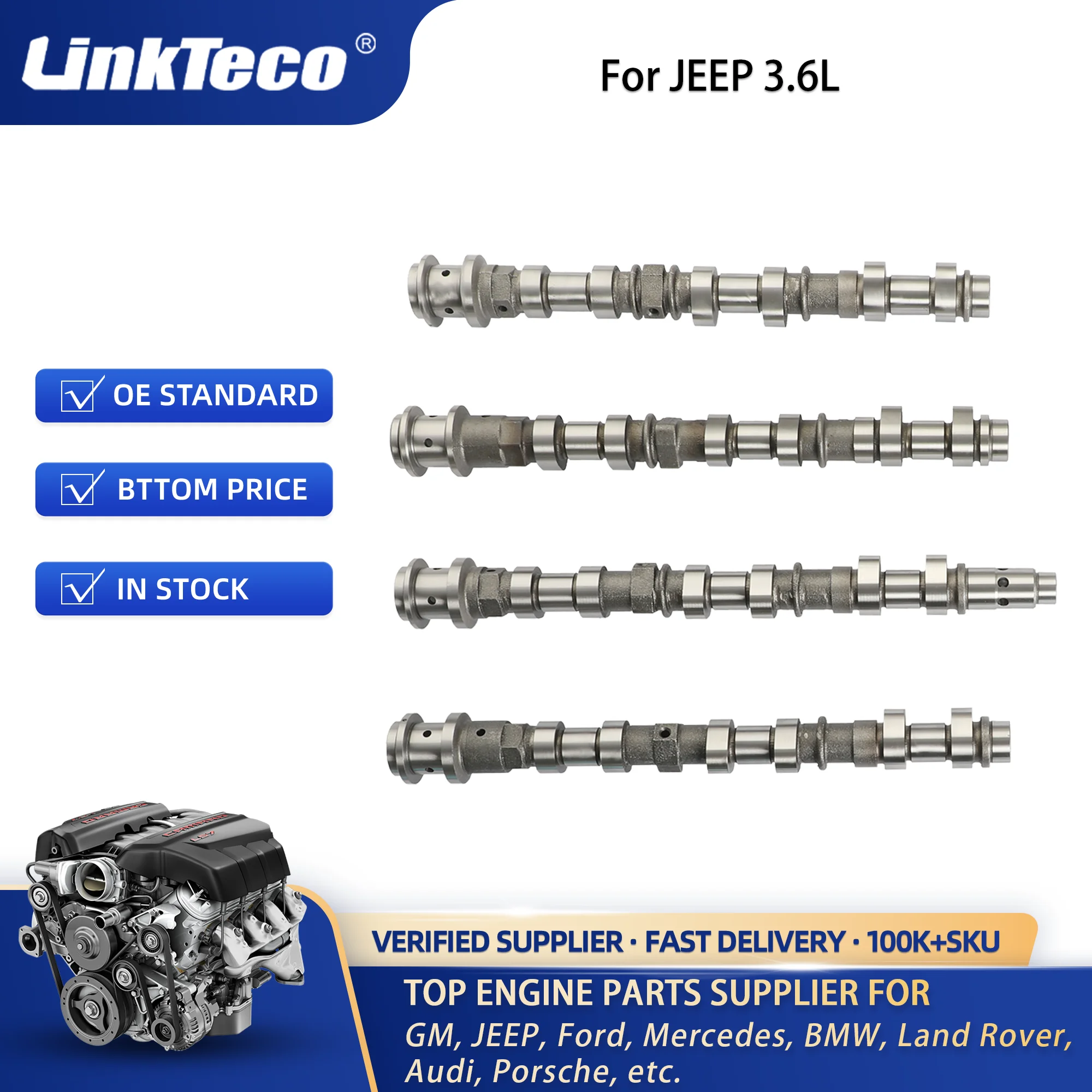 Linkteco 4pcs Camshaft Kits Fit for Jeep 3.6L Dodge Chrysler Ram Without Teeth & Rocker Arms & Lifters & Gasket Sets 2011-2020