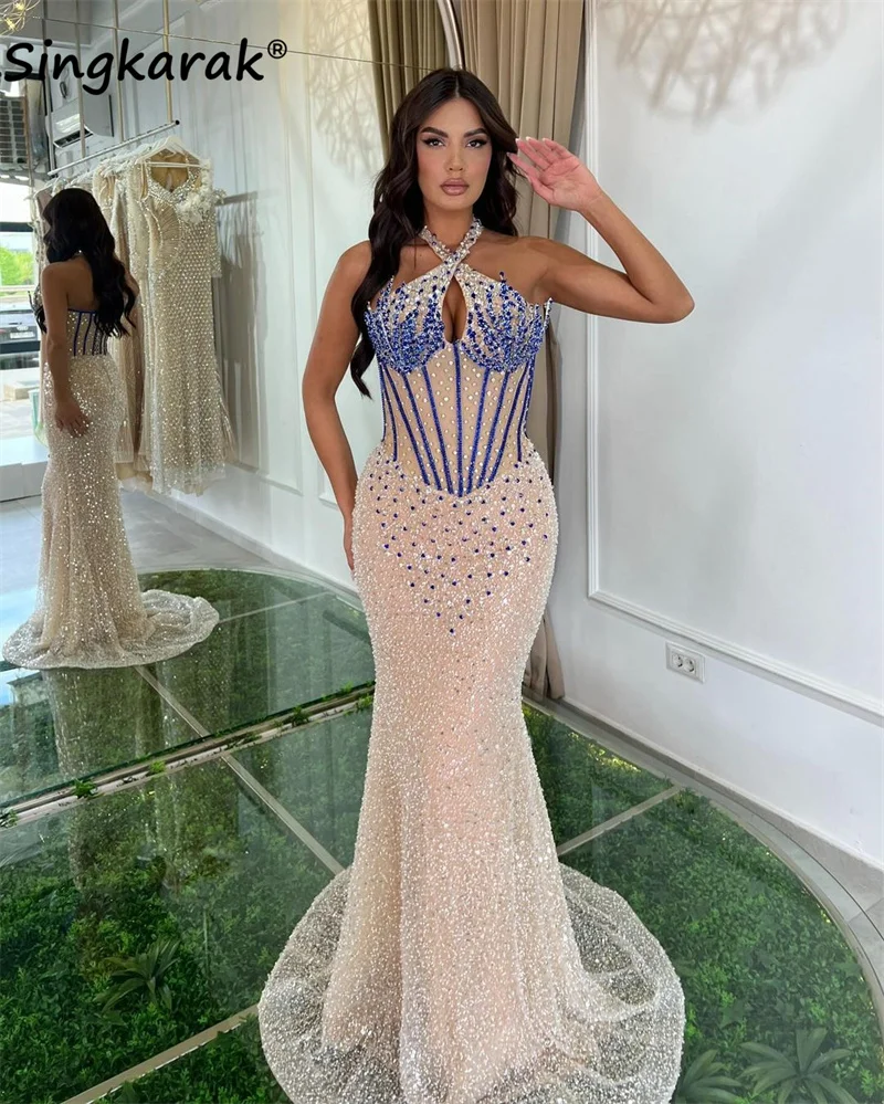 

Glitter Beading Evening Dresses Halter Glitter Crystals Sequins Wedding Party Banquet Dance Reception Party Gowns Robes