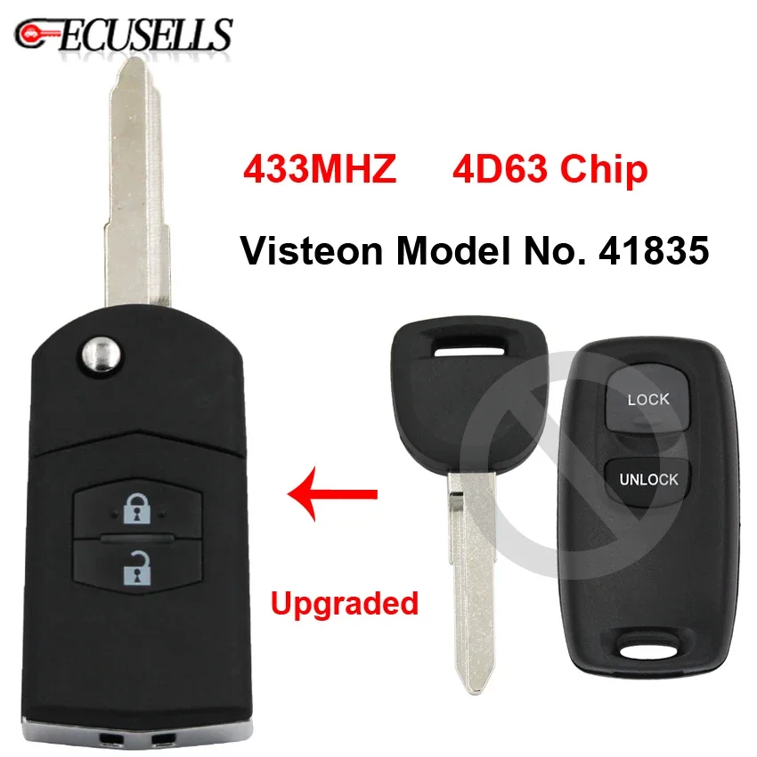 Ecusells 2 Button Upgraded Folding Flip Remote Car Key 433MHz 4D63 Chip for Mazda 2 3 6 323 626 MVP Visteon Model No. 41835