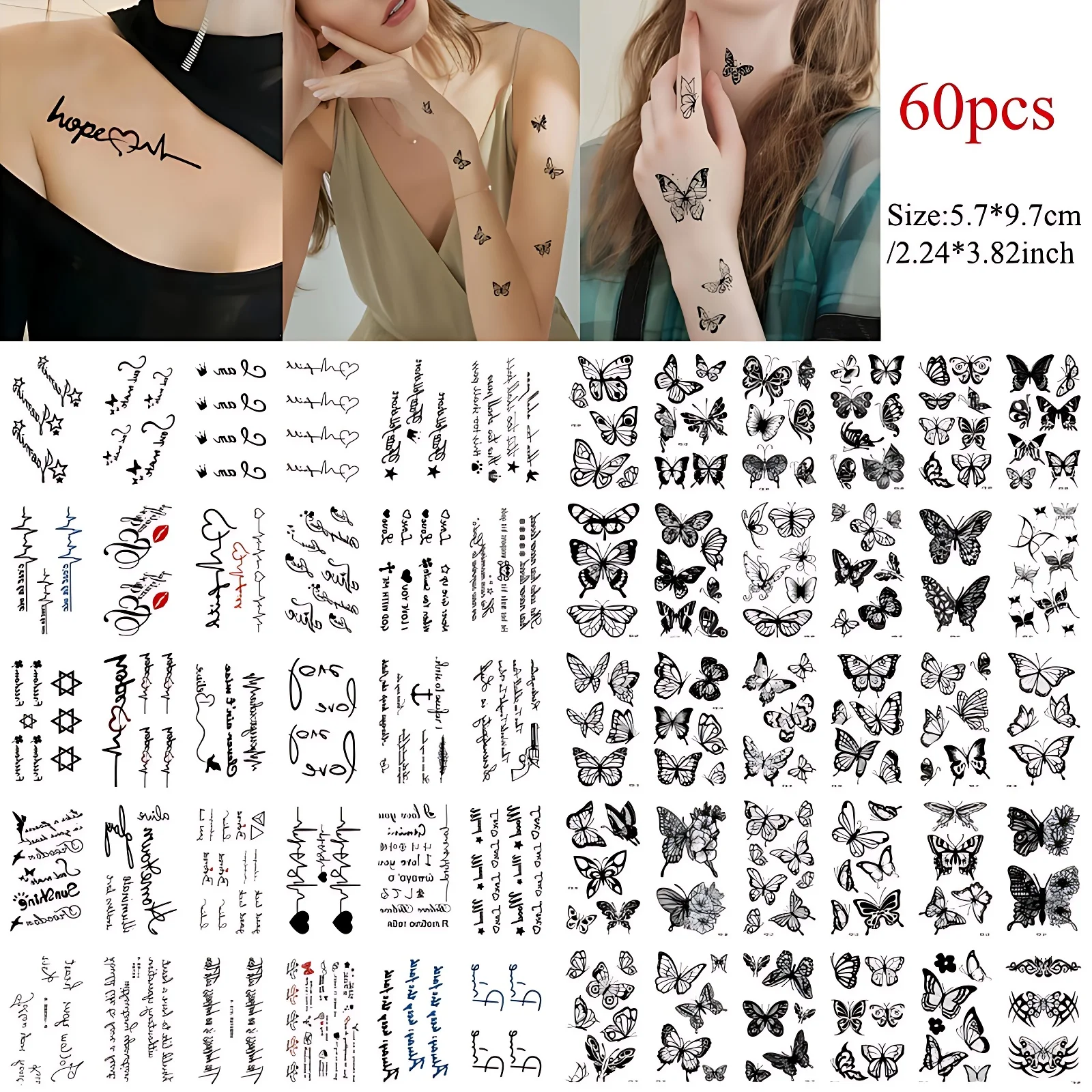 60pcs/set Adult Ladies Women Men Transfer Tattoo Butterfly Text English Words Sentences ECG Temporary Tattoos Adhesive for Chest