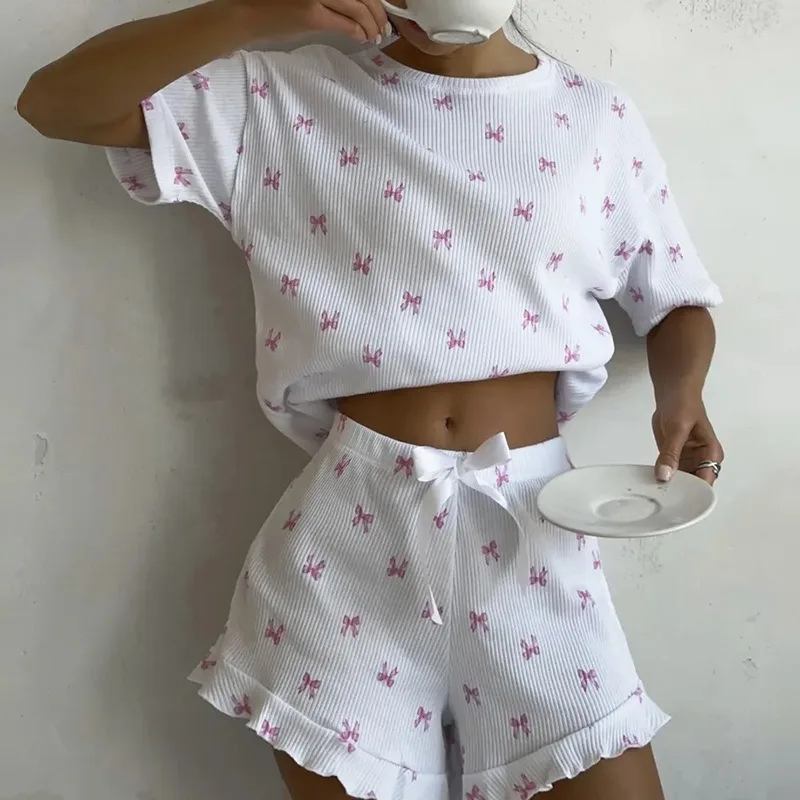 

New Women's Pajamas Fashion Bow Print Ruffles Decorated Short Sleeves And Shorts Loose Comfortable Ladies Sleepwear Homewear