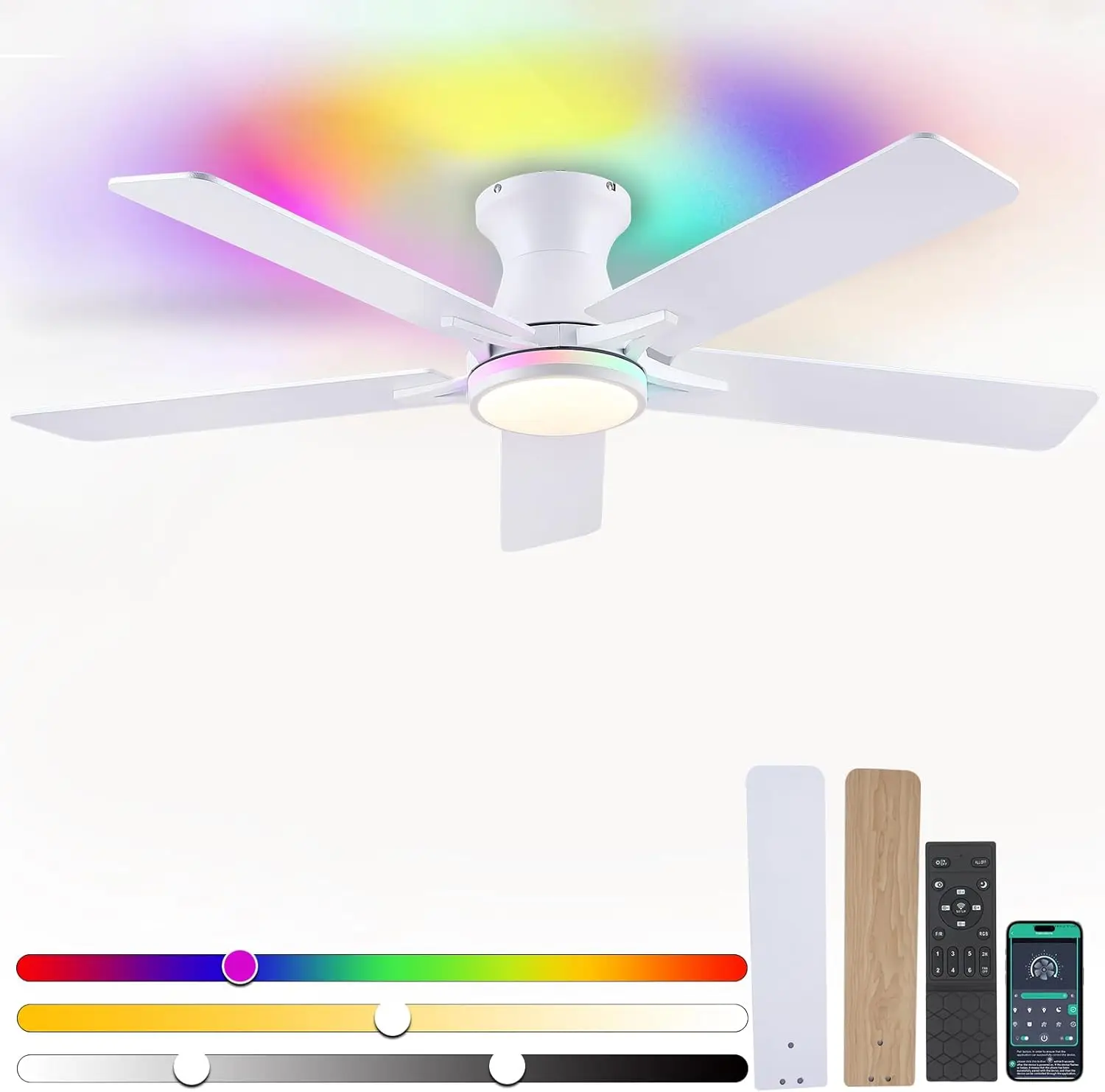 

Low Profile RGB Ceiling Fans with Lights and Remote,52" White Flush Mount Ceiling Fans with Quiet Reversible DC Motor,