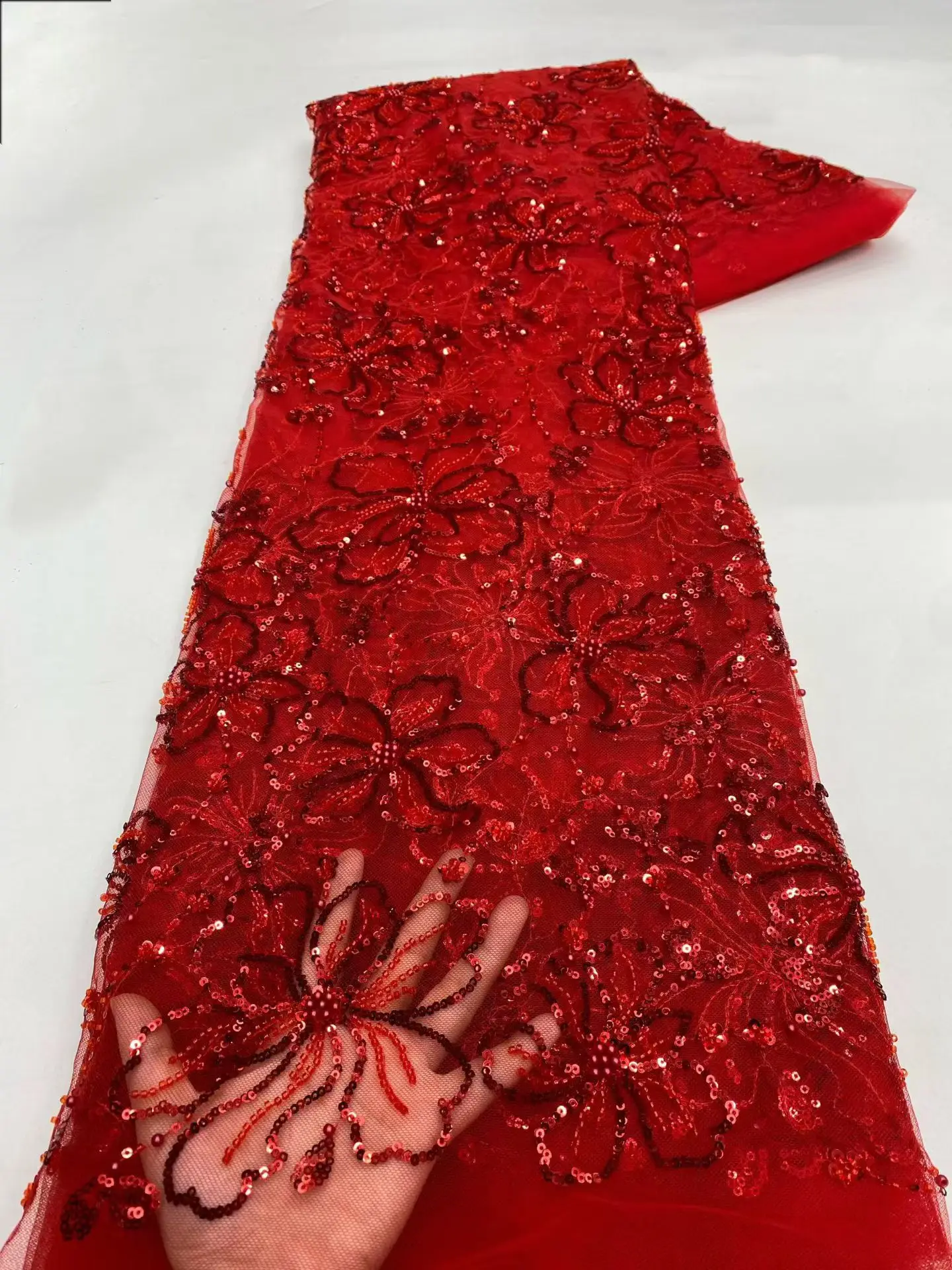 Latest Beauty White Luxury Handmade Beads Sequins African Lace Fabric 2026 Beaded French Lace Fabric For Wedding Dress KXX26112