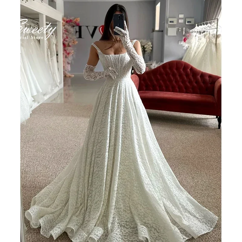 

Romantic Wedding Dress Embroidered Lace With A-Line Ball Gown Sleeveless Square Collar Bride Dress Customized Vestido De Novia