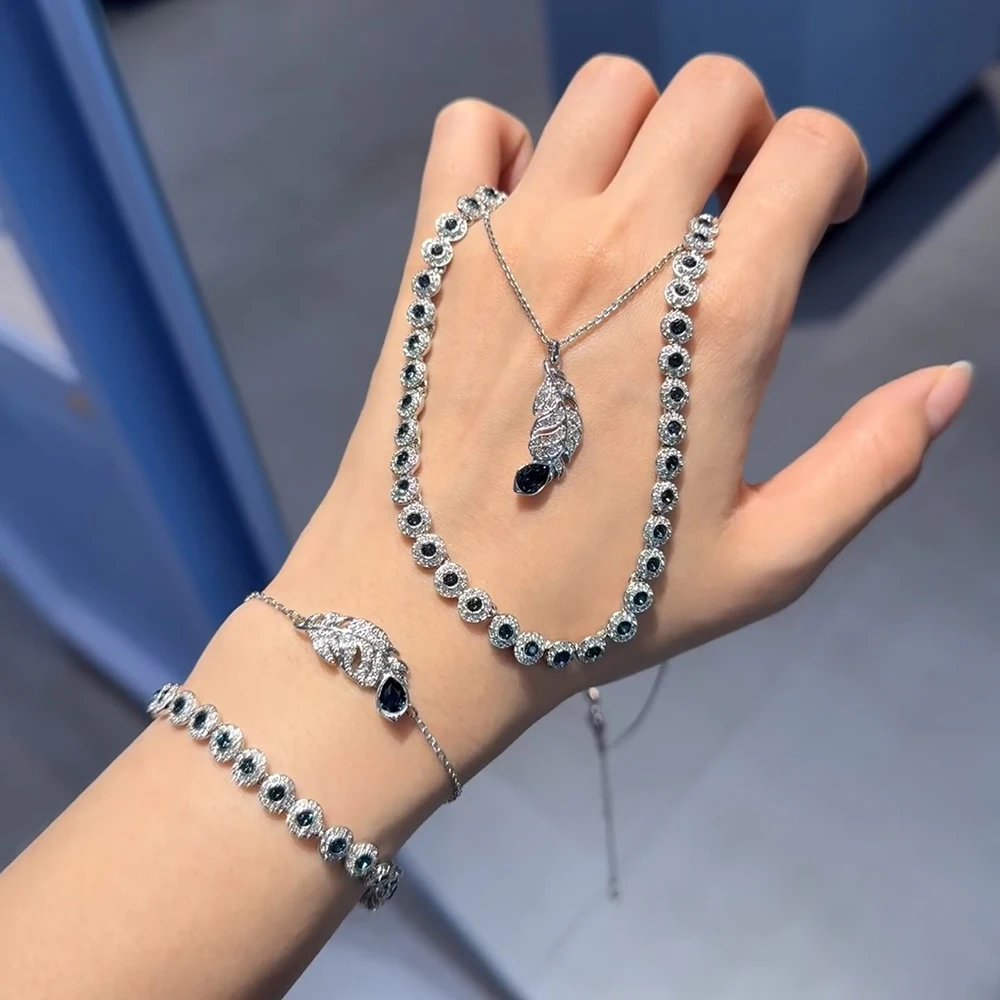 

S925 Sterling Silver Classic Round Crystal Feather Sapphire Bracelet and Necklace Set for Women, Glamorous Party/Banquet