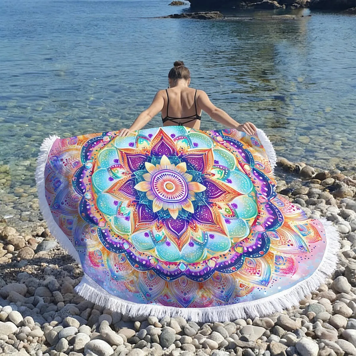 Circle Mandala Printed Beach Towel Soft Microfiber  Absorbent Blanket for Swim Pool Travel Tassel Sunbathing Mat Gift For Women