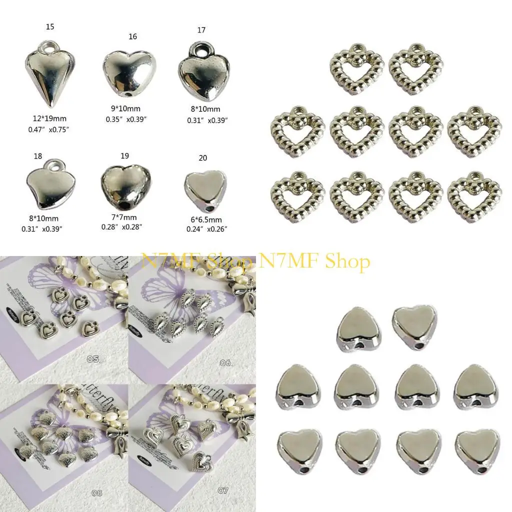 

N7MF 10pcs/set Silver Plated Small Heart Bowknot Charm Pendants for Women Necklace