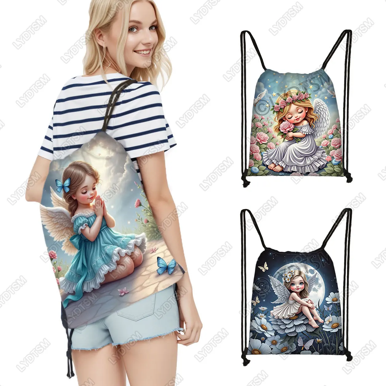 Kawaii Little Angel Prayer Pattern Backpack for Travel  Baby Angel with Wings Drawstring Bag Bookbag Shoes Holder