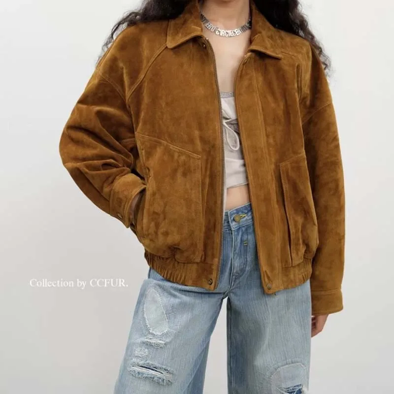 women coat autumn winter new fashion short length suede leather jacket natural real sheepskin high quality