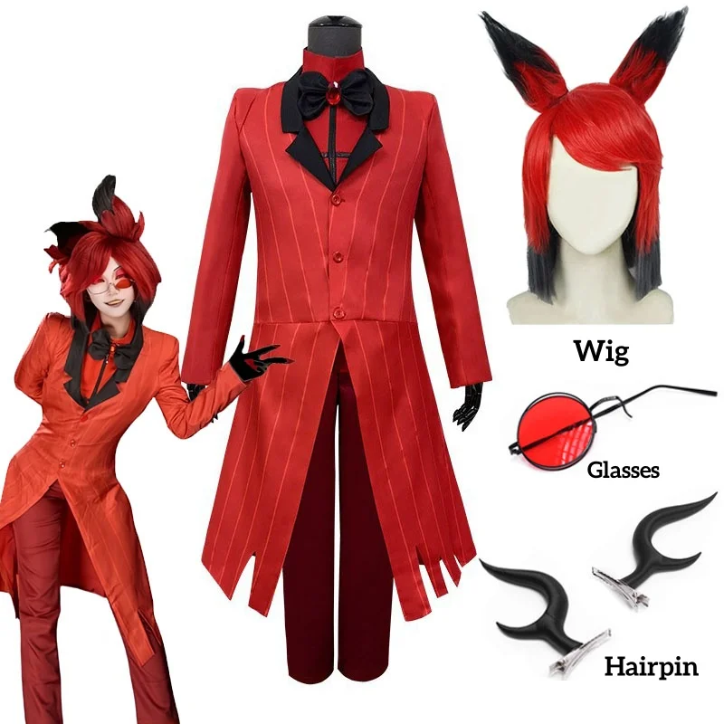 Alastor Hazbin Cosplay Costume Hotel Radio Demon Cosplay Red Jacket Shirt Pants Gloves Tie Uniform Halloween Full