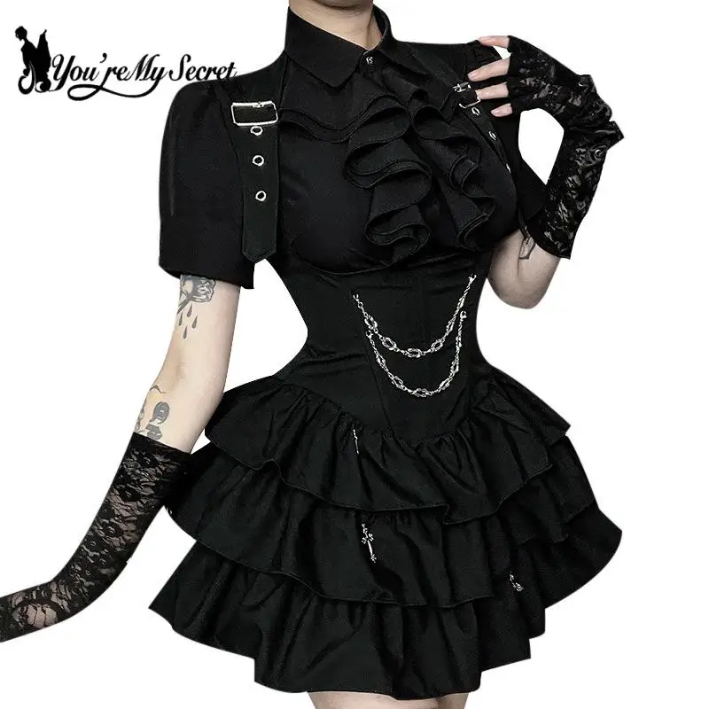 [You're My Secret] Vestidos góticos retrô femininos, preto, babado, em camadas, bodycon, top slim, y2k, estilo japonês, vestido 2025