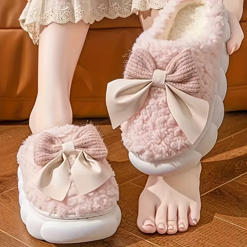 

Winter Warm Fur Slippers for Women Cute Bow House Non Slip Soft Shoes Comfort Flat Heel Home Indoor Bedroom Plush Slippers