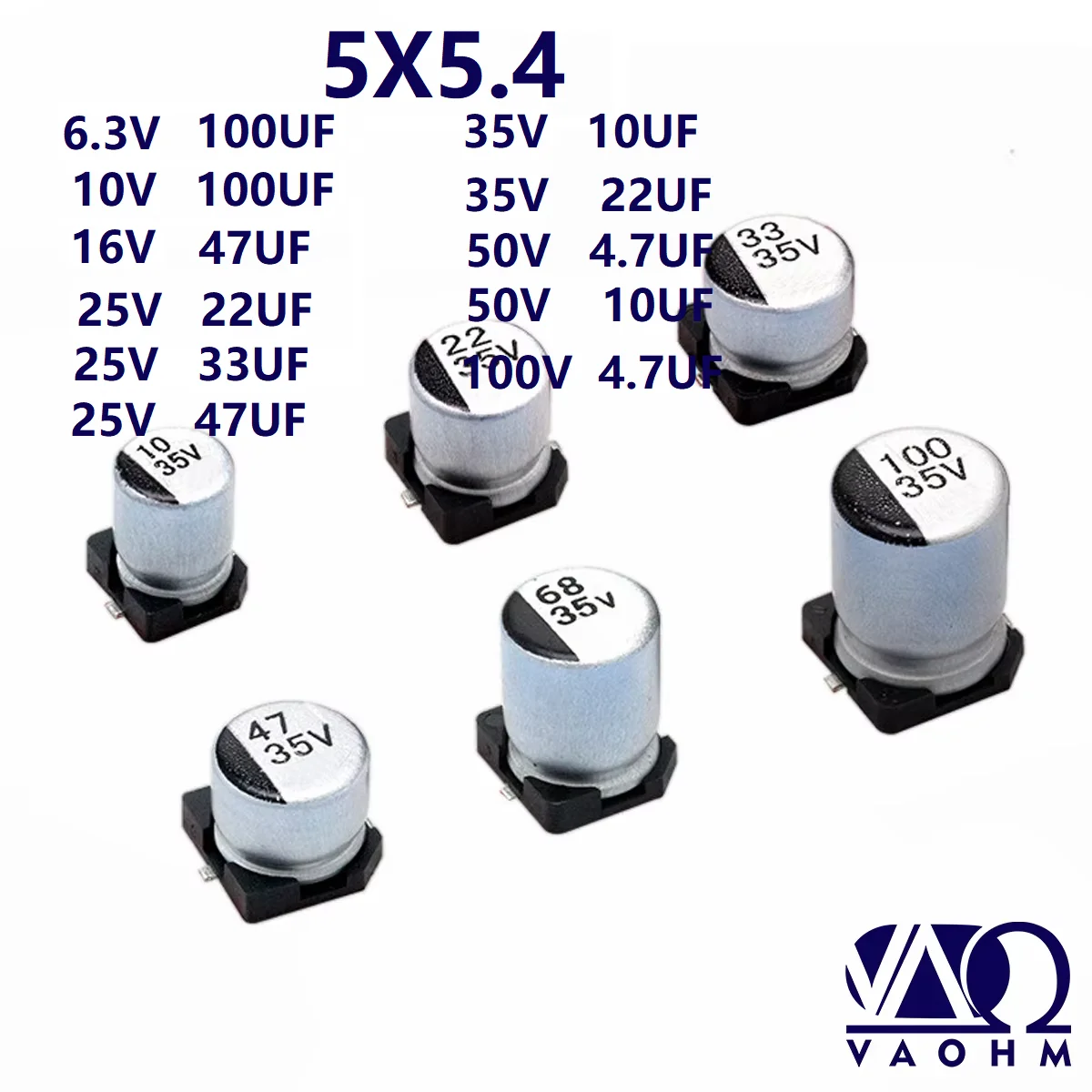 50PCS/LOT 5*5.4 Surface Mount Aluminum Electrolytic Capacitor 22UF 33UF 47UF 100UF 6.3V 10V 16V 25V 35V 50V 100V