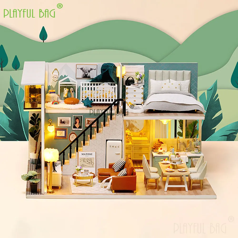 Wooden Mini Doll House DIY Handmade Duplex Apartment Production 3D Puzzle Assembly Building Blocks Model Kids Toys Gifts UG385