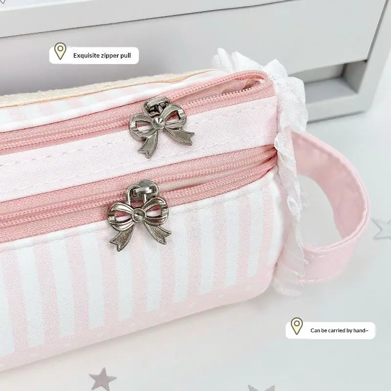 Rosa Mädchen-Stiftetui mit süßer Spitze, großes Fassungsvermögen, Schreibtisch-Organizer, Stifttasche, süße Mädchen-Make-up-Tasche, Geschenk, 1 Stück – Detail 5