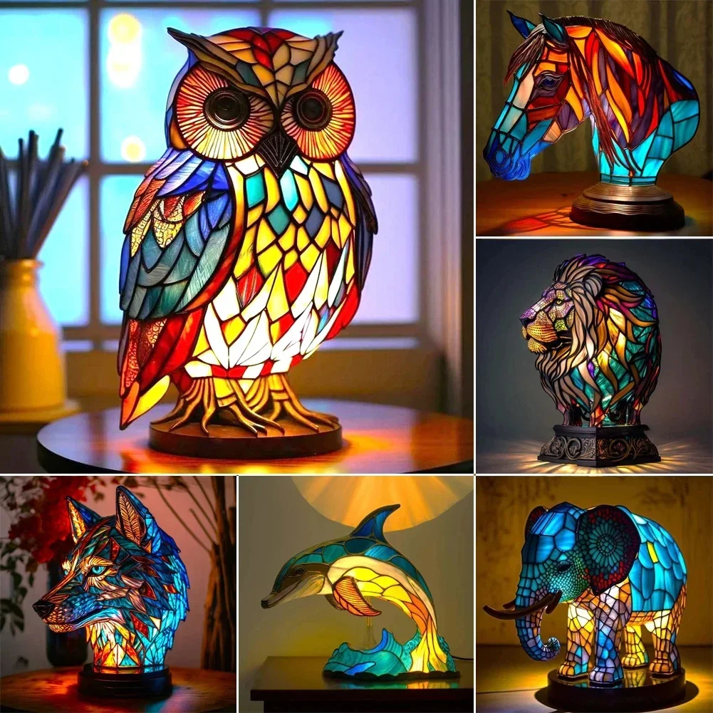 

Animal Stained Glass Glittering Lamp Animal Shape Lighting Series Lion Dolphin Wolf Owl Horse Rooster Elephant Living Room Decor