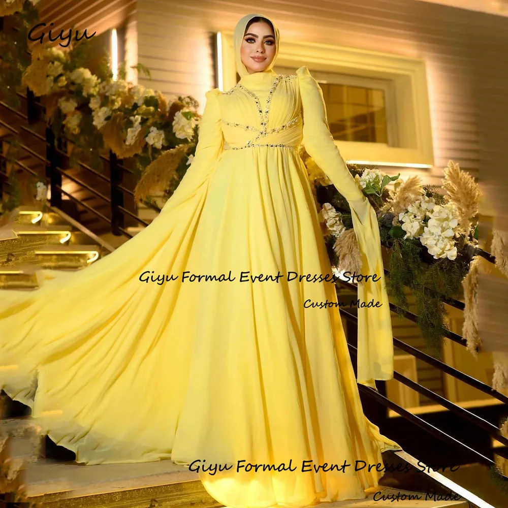 

Giyu Yellow A-line Prom Gown for Women Saudi Arabia Draped Floor-Length Beading Evening Gown Dress Wedding Party Dress