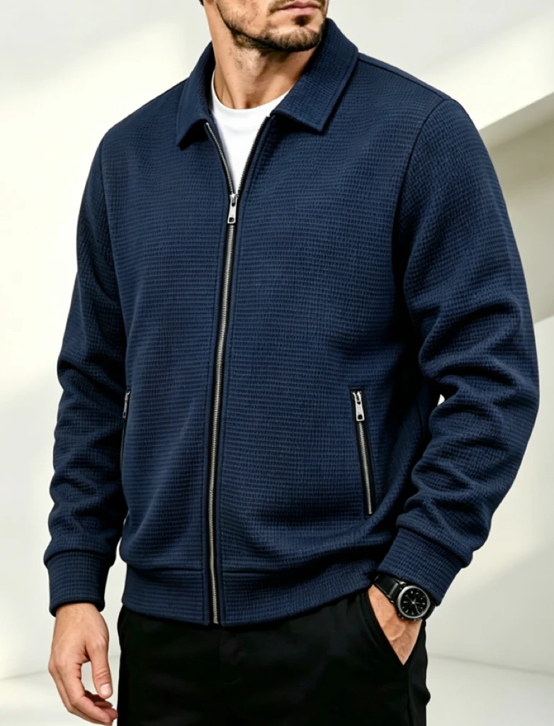 Men's Waffle Knit Zip Up Jacket Lapel Collar Full Zip Casual Coat Solid Color Long Sleeve Daily Outerwear