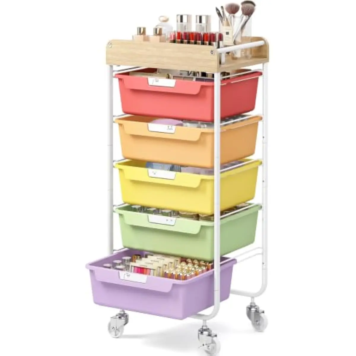 Rolling Storage Cart with 5 Extra-Large Colorful Plastic Drawers Customizable Labels Raised Wooden Tabletop with Safety Rails 4