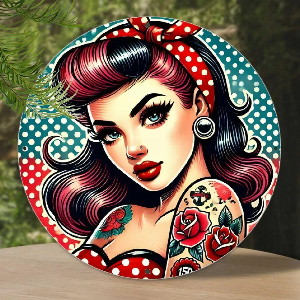 Vintage Rock 'n' Roll Pin-Up Art - 20.32x20.32 cm Round Aluminum Wall Decor with Red Polka Dot Dress & Tattoos, Durable & Waterp