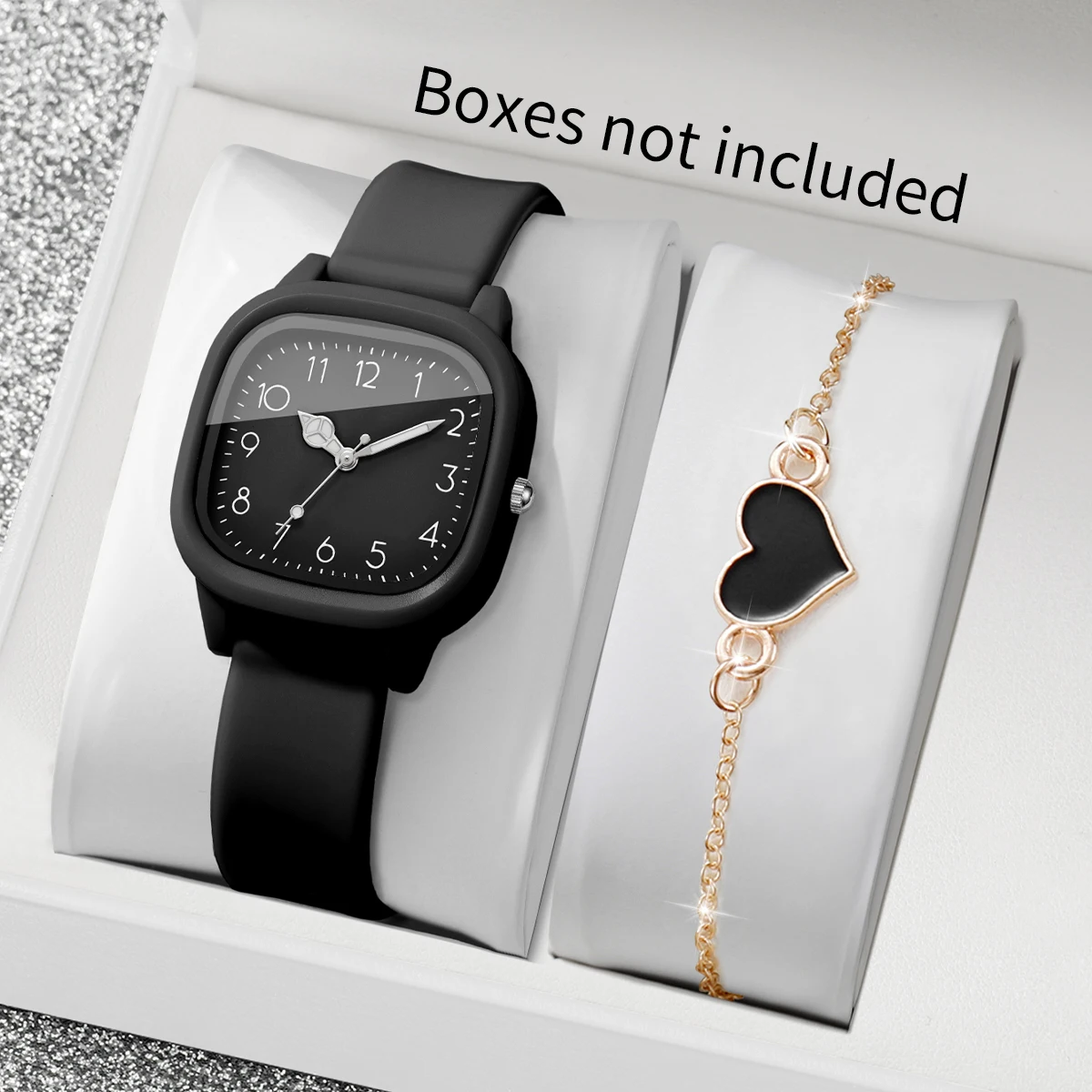 2PCS Fashion Women Watch Heart Bracelet Set Square Dial Silicone Strap Ladies Dress Wristwatches Relogio Feminino (Without Box)