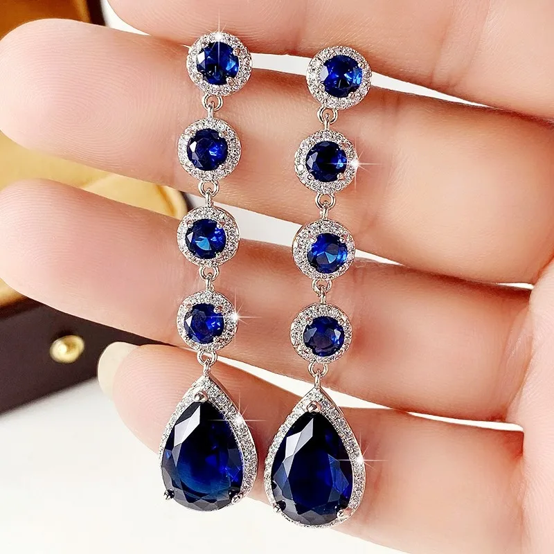 Huitan Blue Cubic Zirconia Dangle Earrings for Women Temperament Engagement Wedding Accessories Anniversary Gift Fashion Jewelry