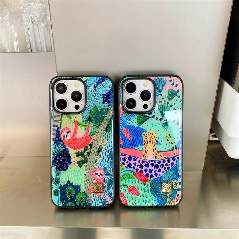 Chic Cute Cartoon Anime Sloth Leopard Silicone Phone Case For iPhone 16 15 14 13 12 11 Pro Max Plus Glitter Gold Foil Back Cover