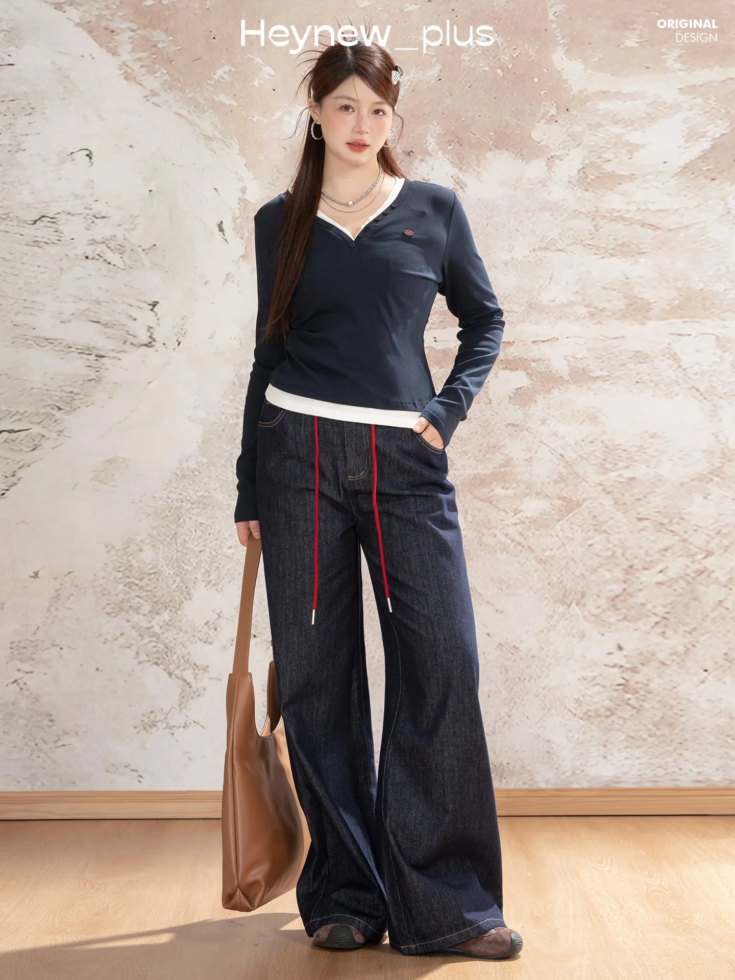 Heynew plus Size Women's Jeans Color Blo Belted Floor Length Conceal Meat Loose Fit Cotton Polyester Lyocell Blend Straight...