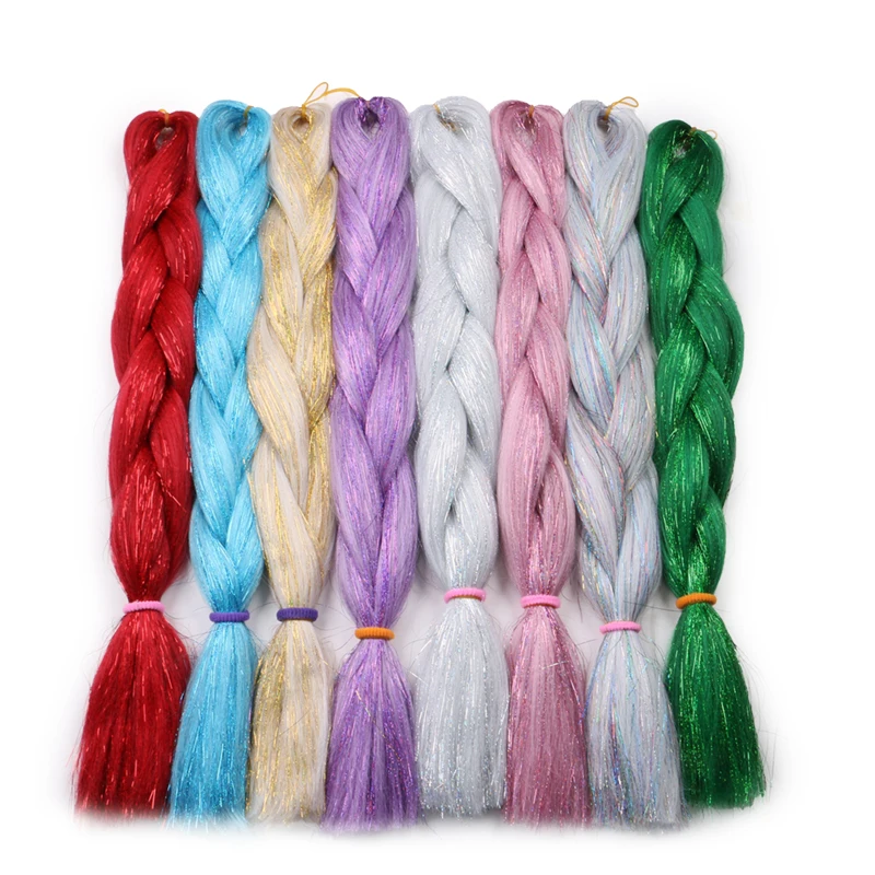 Cabelo trançado sintético com ouropel, tranças jumbo, extensão do cabelo, rosa, azul, roxo, brilho, 24 ", 100g, 5 peças