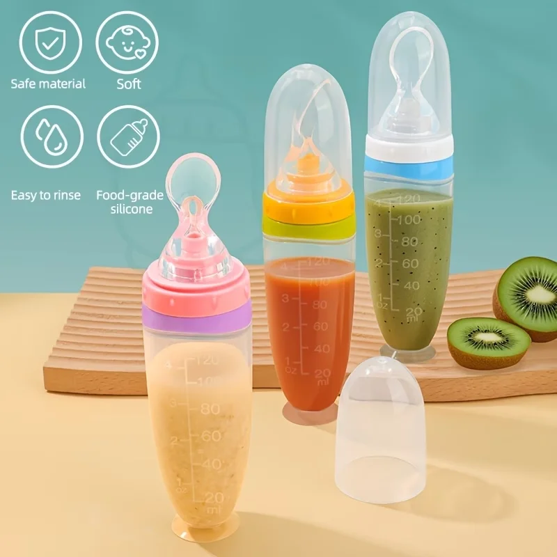 

120 Ml/4Oz Baby Liquid Silicone Food Squeeze Feeder | Dispenser for Fruit Puree & Rice Paste | Removable Spoon | Anti-Slip Sucti