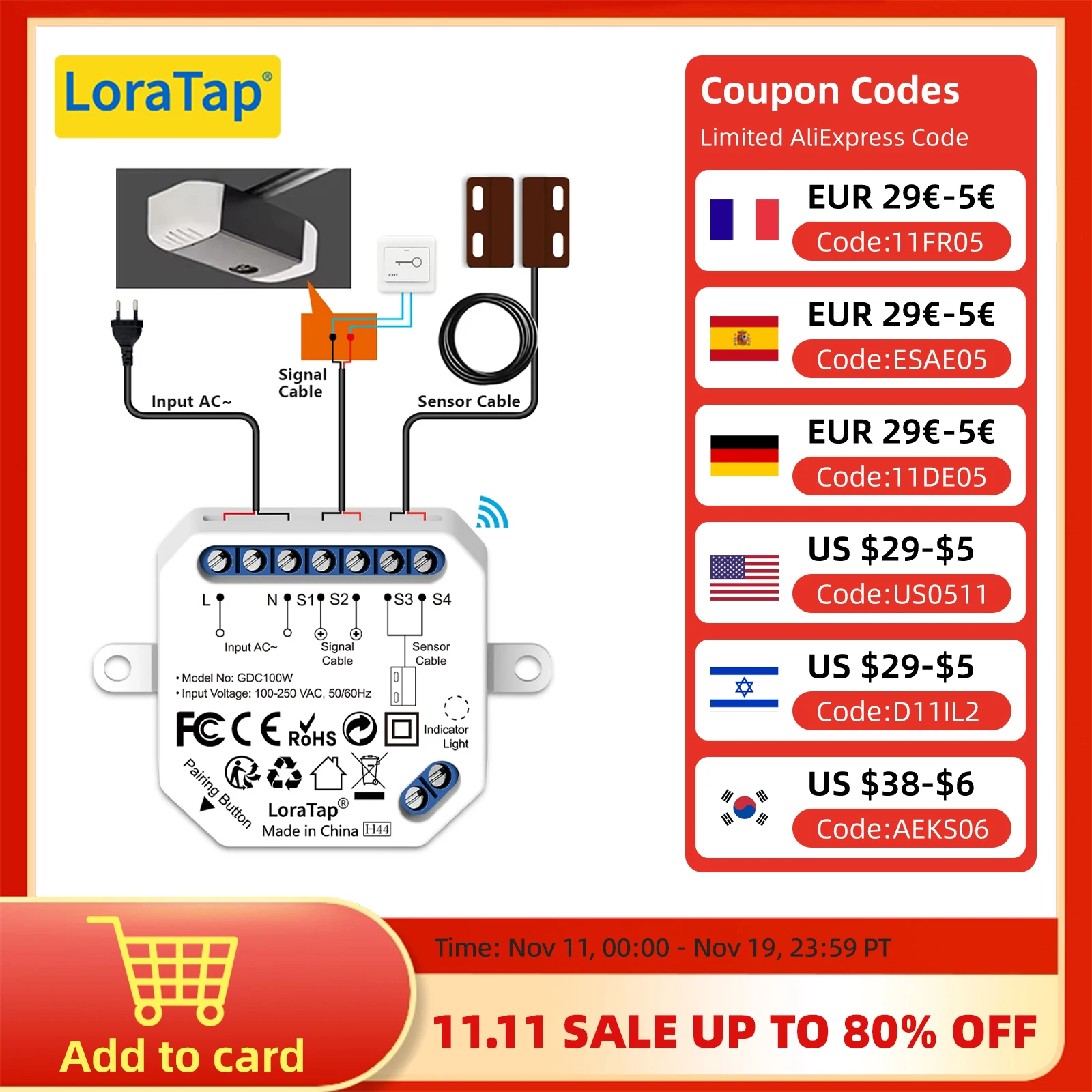 

LoraTap WiFi Garage Door Opener Control Wired Sensor Contacts Tuya Smart Life Remote Control Work with Google Assistant Alexa