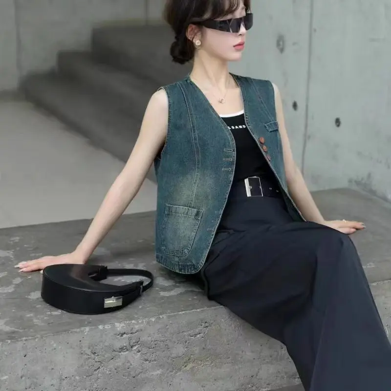 Hong Kong Denim Jacket Vest Women's Clothing Retro Versatile Top Female Jeans Coat Sleeveless Waistcoat Chalecos Para Mujer