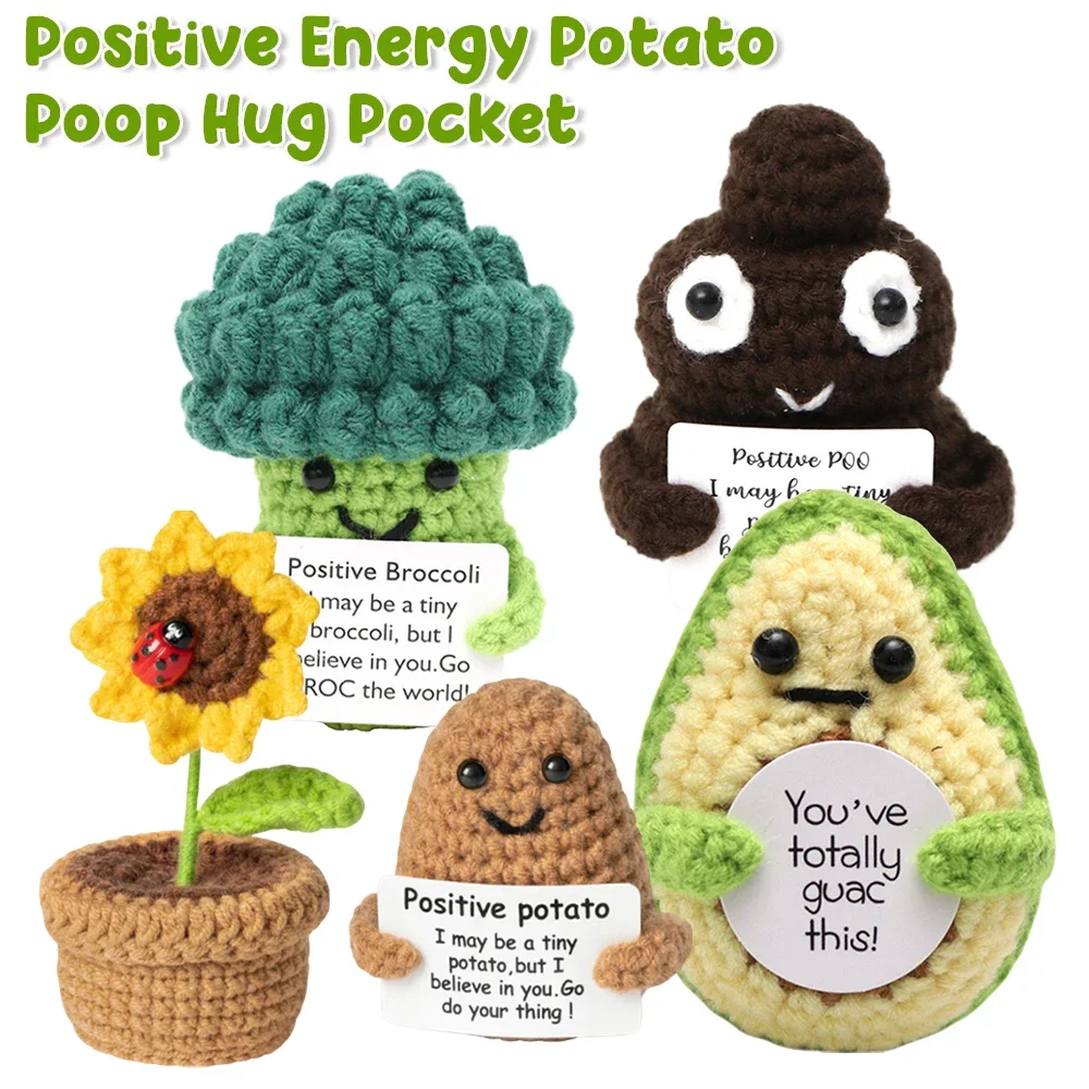 Positive Energy Potato Poop Hug Pocket Mini Handmade Plush Wool Knitting Doll with Card Funny Home Room Decoration Christams Gif