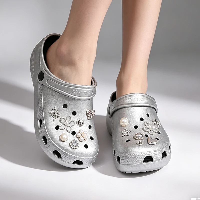 14Pcs Fashion Shoe Charms for Sandals Clogs DIY Accessories Set Metal Star Pearl Water Diamond Personalized Shoes Decoration