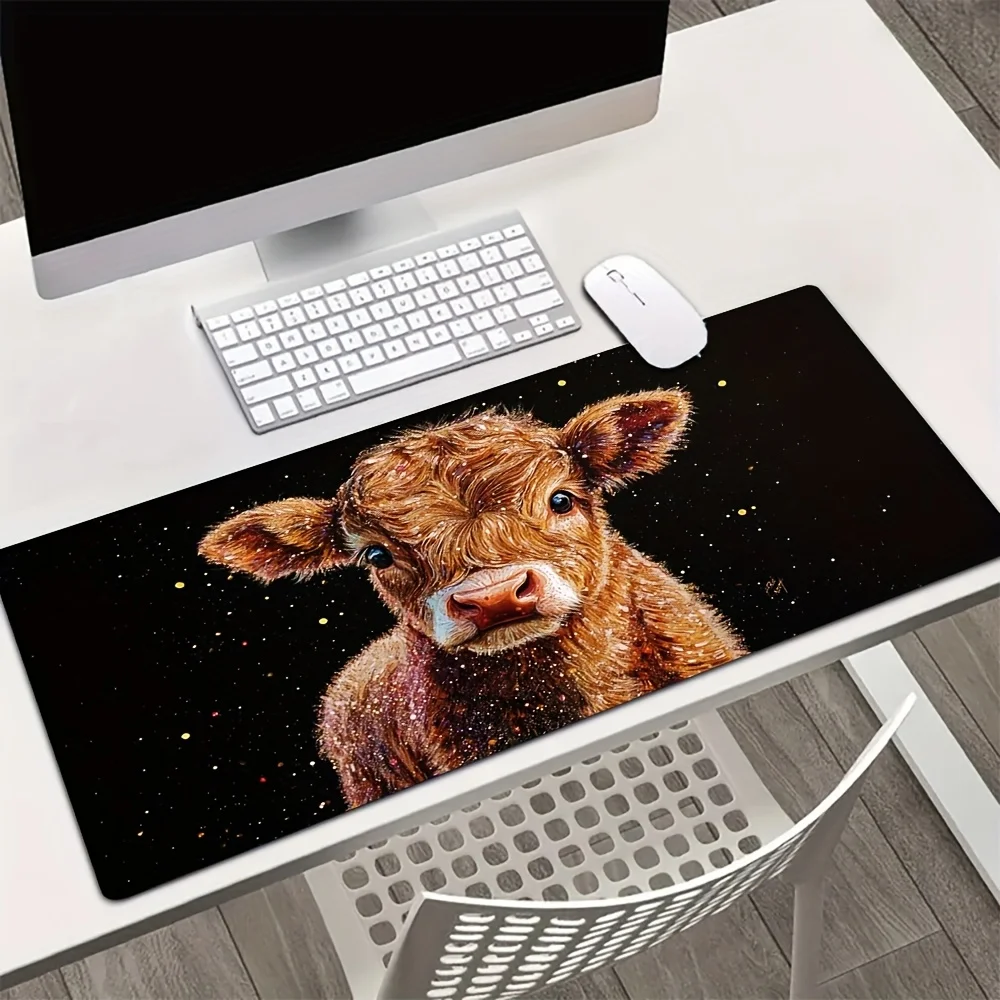 

The highland cow glitter patterned mouse pad with an anti-slip rubber base is suitable for home office desktop decoration