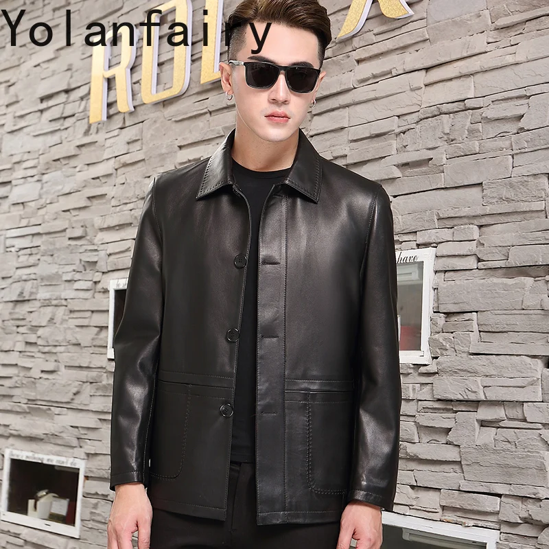 YOLANFAIRY Genuine Leather Jacket Man Autumn 2025 Mid-length Real Sheepskin Leather Coat Lapel Casual Thin Leather Coats Jackets