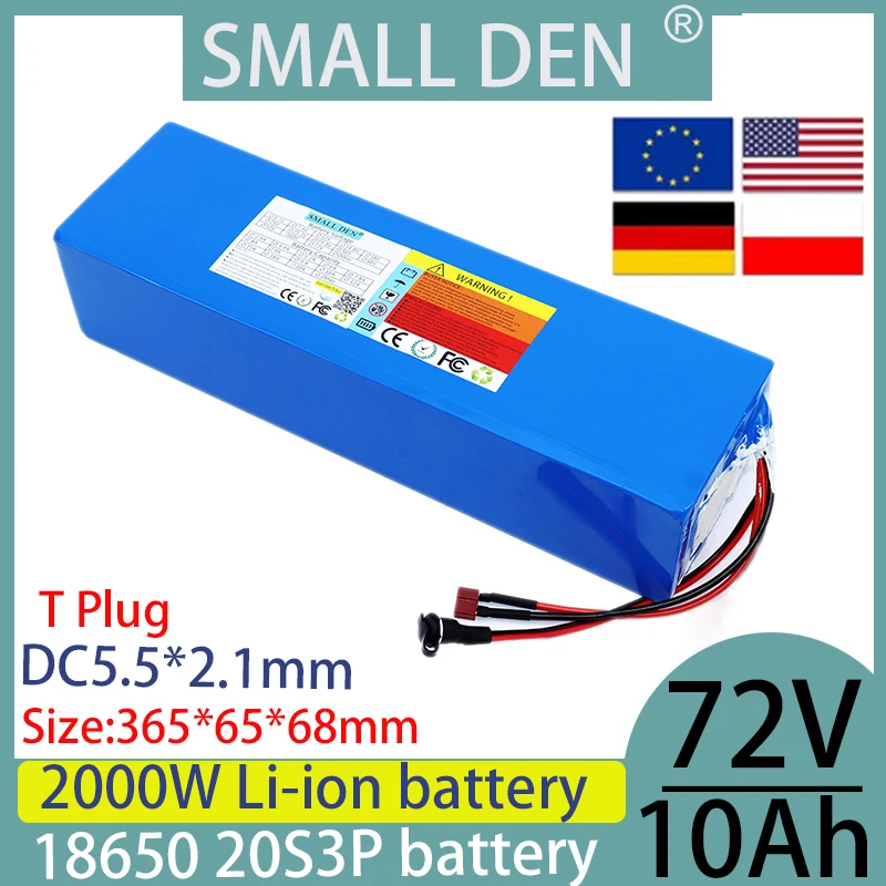 New 72V 10ah lithium battery pack with built-in BMS 18650, suitable for 2000W rechargeable battery pack motor+84V 2A 3A charger