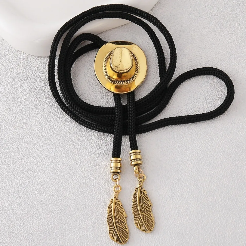 Bolo Tie for Men Western Cowboy Hat Feather Pendant Necklace Vintage Leather Rope Adjustable Bola Tie Shirt Accessory