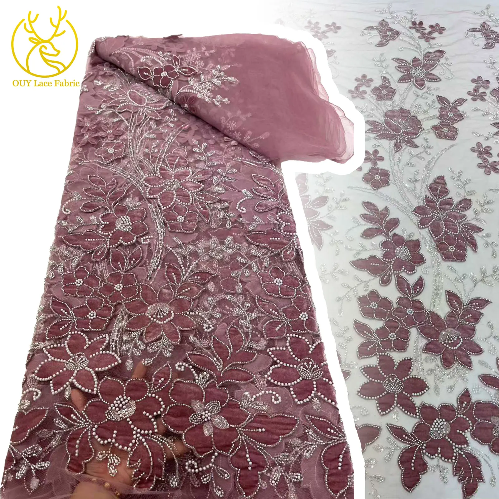 

Latest 3D Flower Embroidery Beaded Sequins African Lace Fabric 2025 High Quality French Nigerian Tulle Lace Women Party Dresses