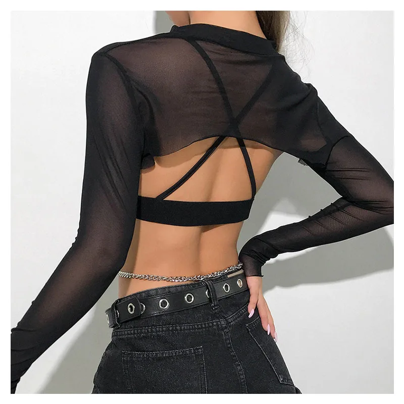 Sexy Women Crop Top Mesh Sleeve T-Shirt Sexy Tops Hollow Out Transparent Tops Ladies T Shirt Black Top Casual T-shirt Tee Shirts